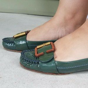 Chloe Green Patent Leather Wooden Buckle 38, 7.5